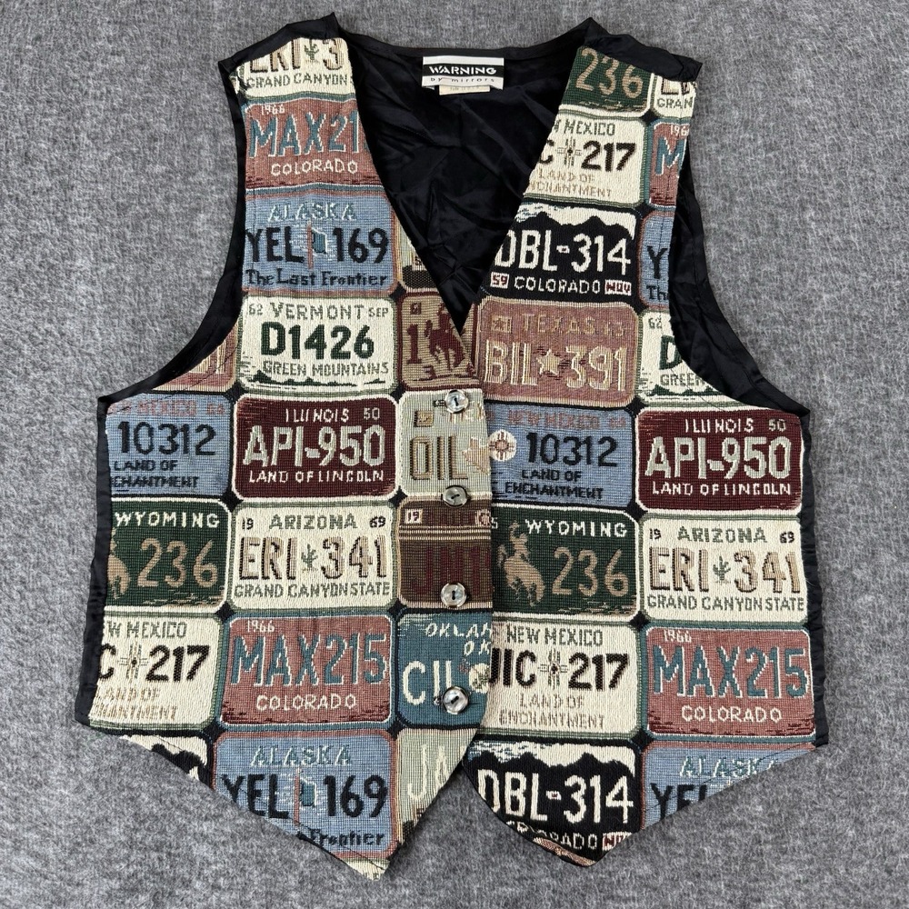 Vintage Warning By Mirrors License Plate Tapestry Vest Womens M USA Southwestern